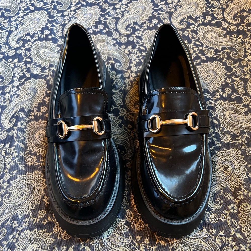 ASOS Black Patent Loafers with Gold Detail